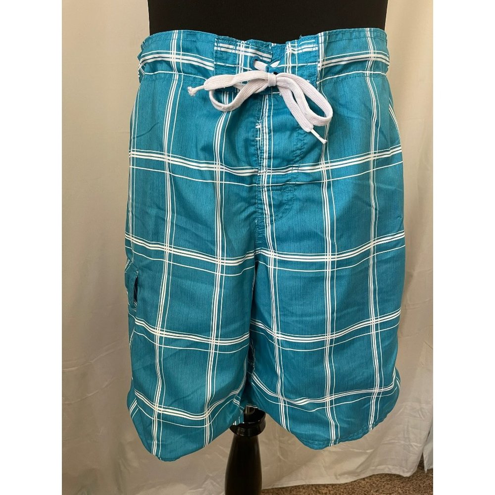 OP Men's Teal/White Checkered Swim Trunks